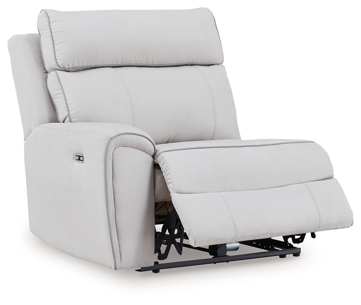 Light gray power recliner with extended footrest and full back support