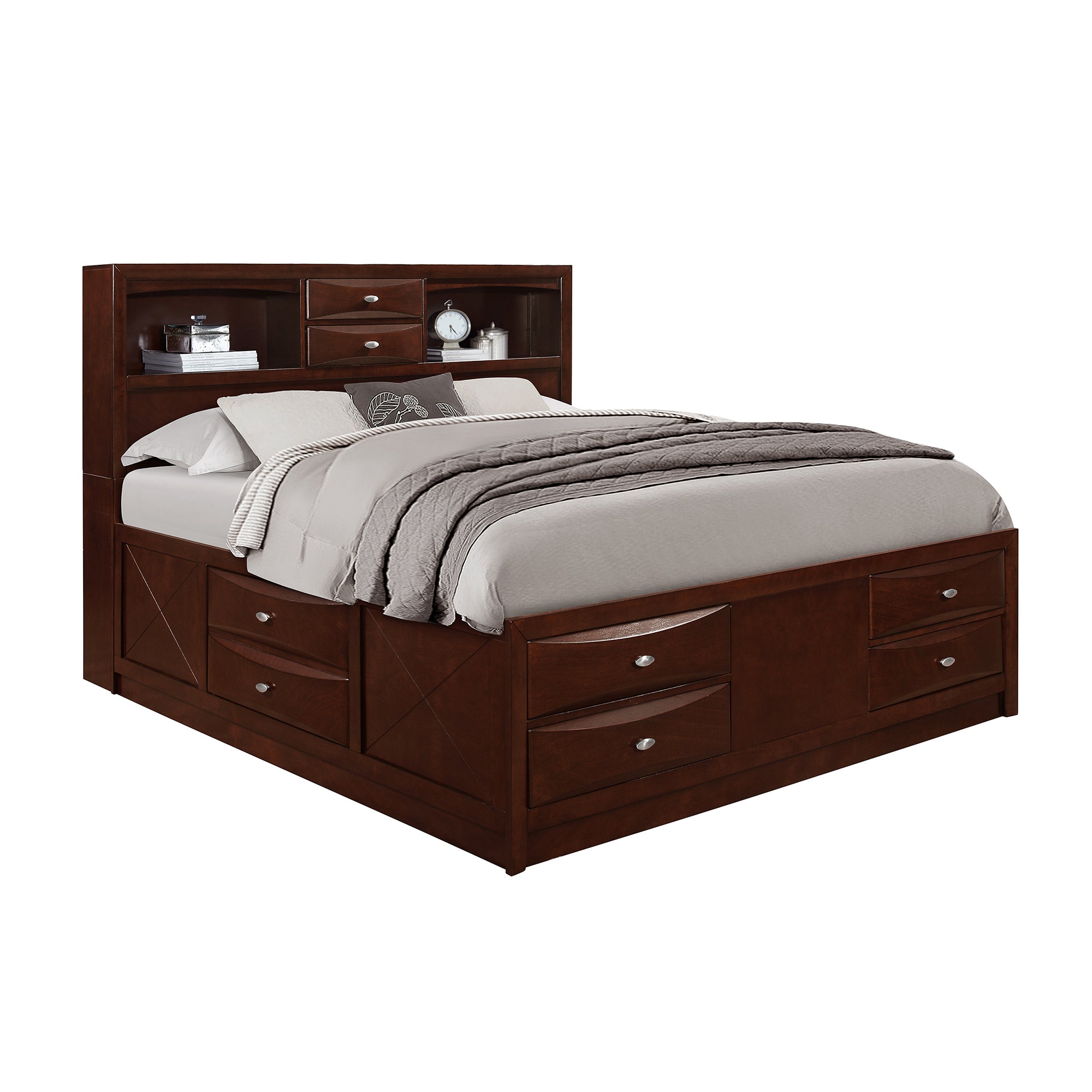 Lucille Merlot Full Bed: Storage Drawers, Bookcase Headboard, Walnut