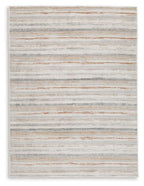 Artney rug square with dense light gray and tan horizontal stripe pattern