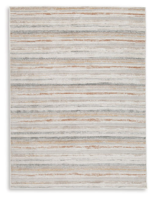 Artney rug square with dense light gray and tan horizontal stripe pattern