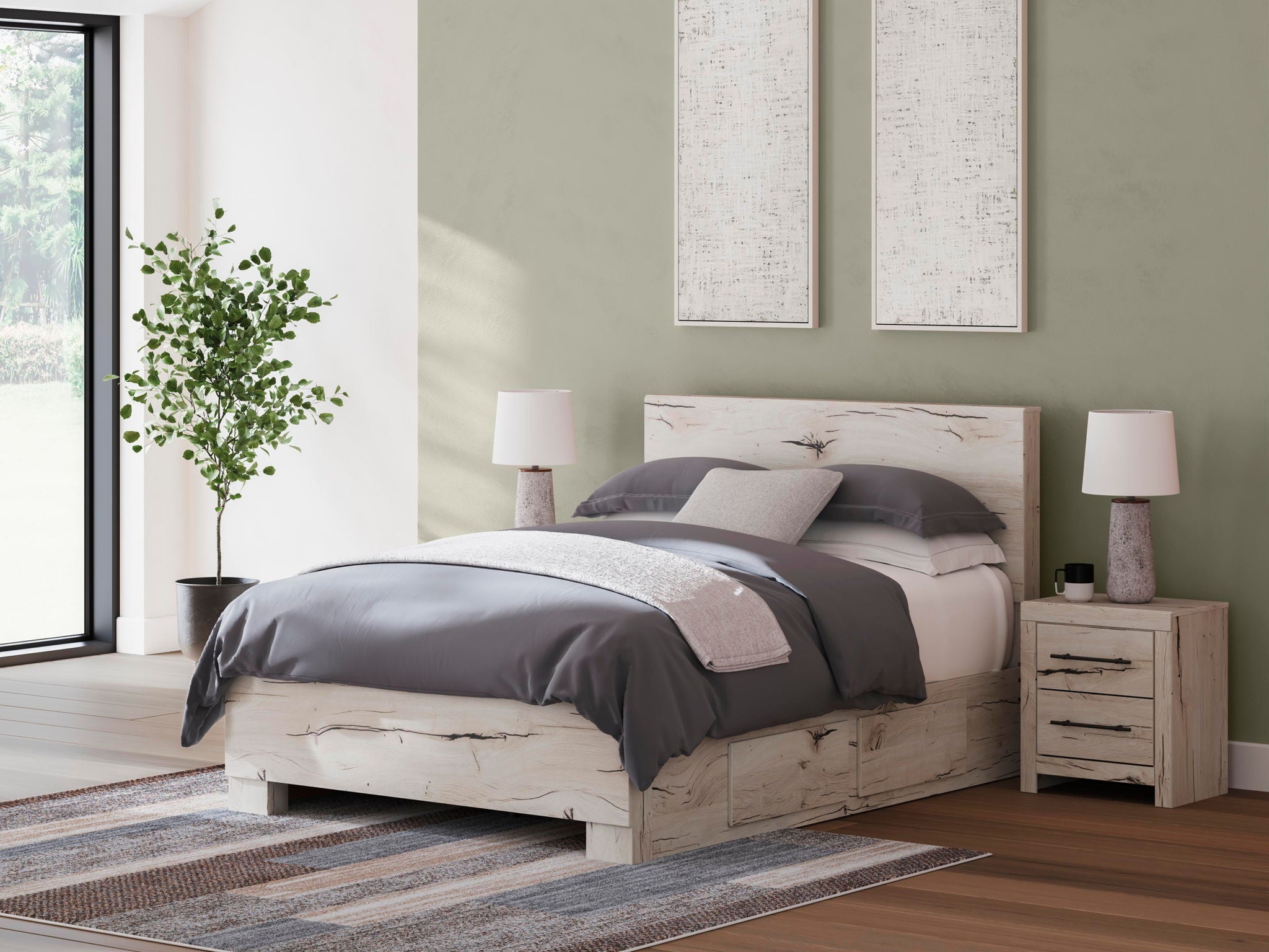 Panel bed with storage in light beige wood grain, panel headboard and storage footboard