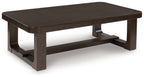 Dark brown rectangular cocktail table side view with open lower shelf