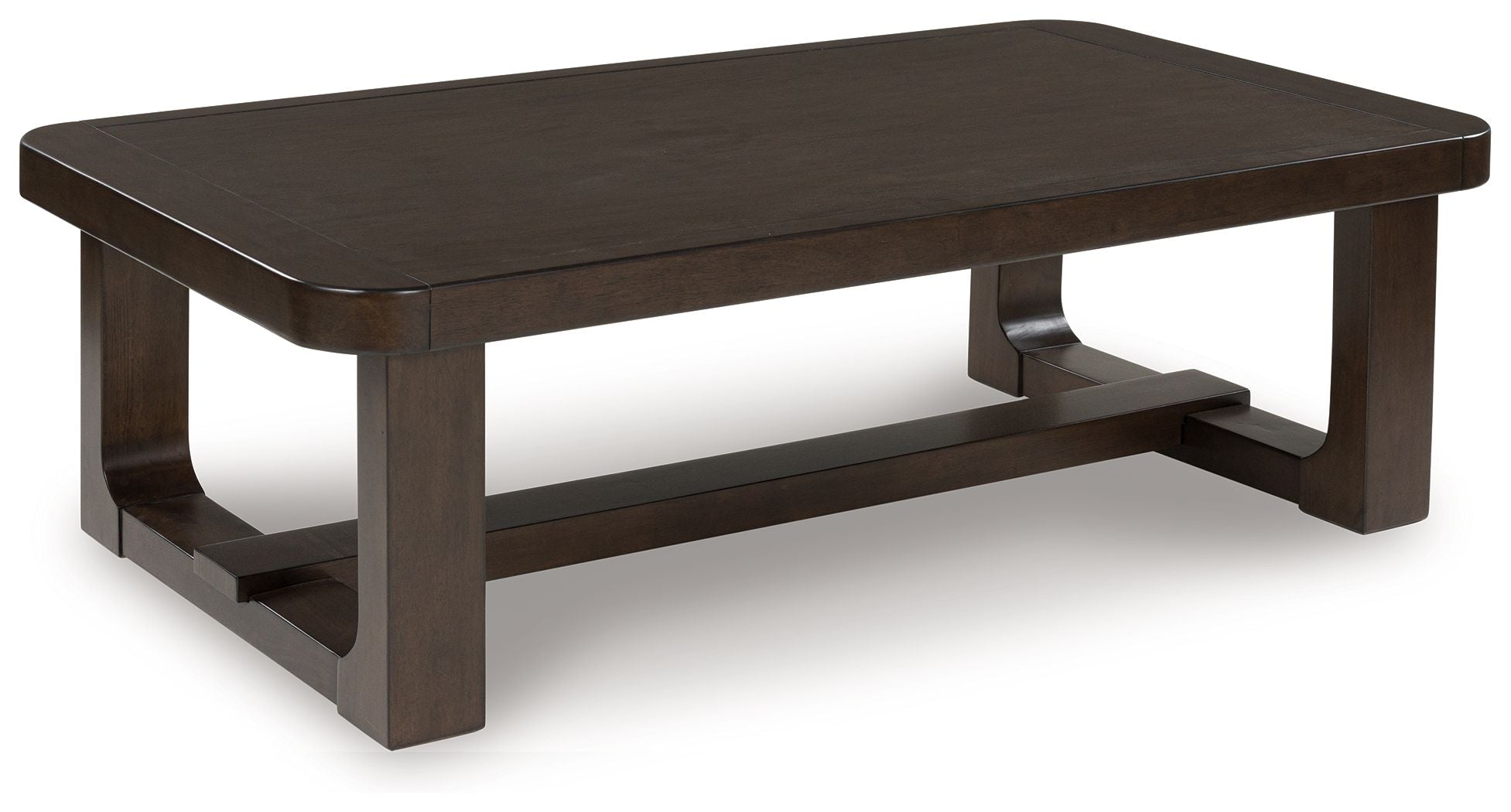 Dark brown rectangular cocktail table side view with open lower shelf