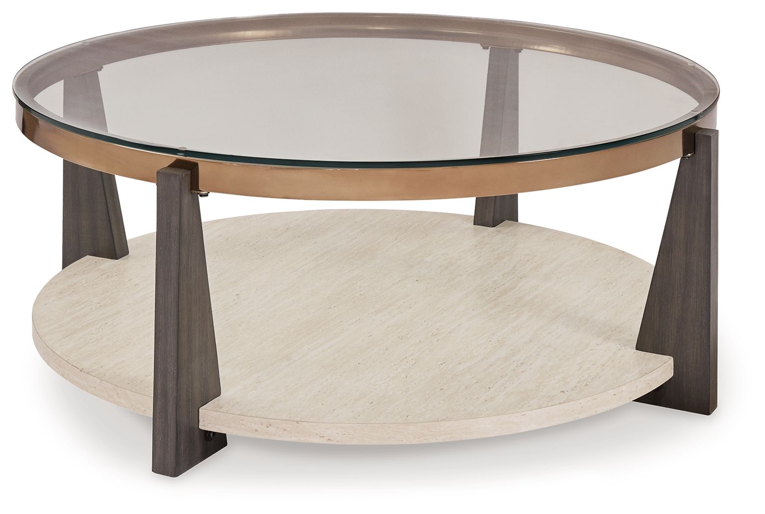 Round cocktail table with glass top, lower shelf, and dark wood legs with bronze rim