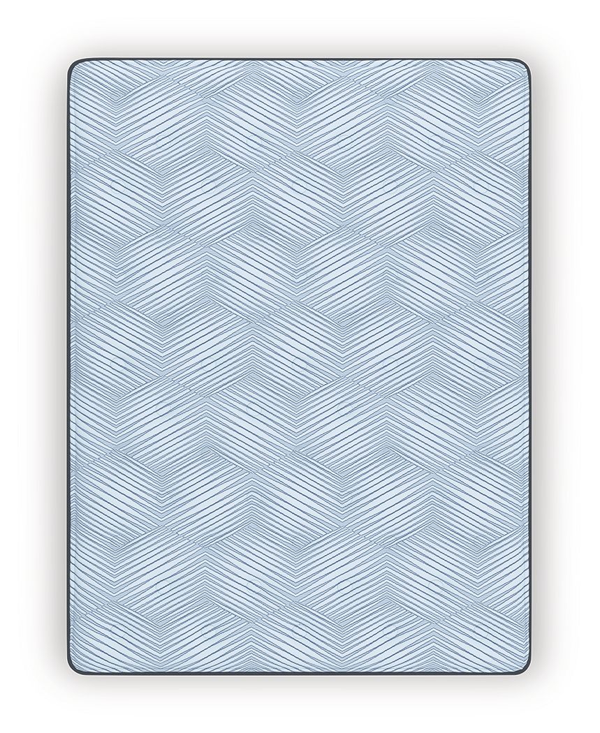 Blue hybrid mattress cover with geometric quilt pattern and edge trim