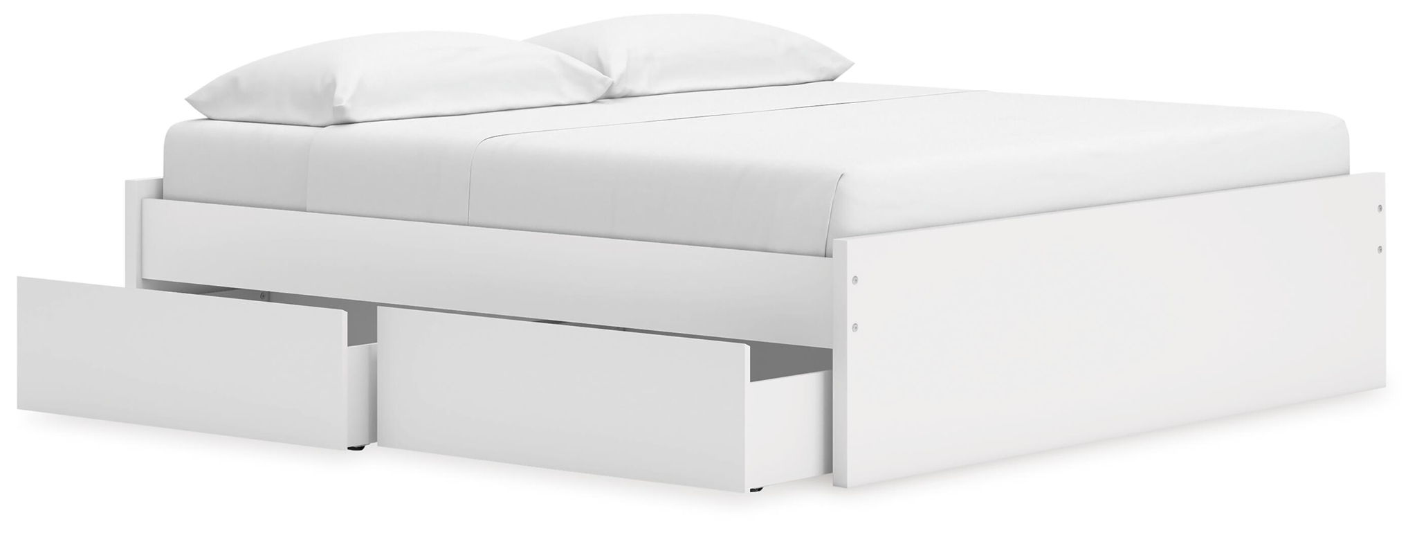 White platform bed with drawer storage along the sides and slat support