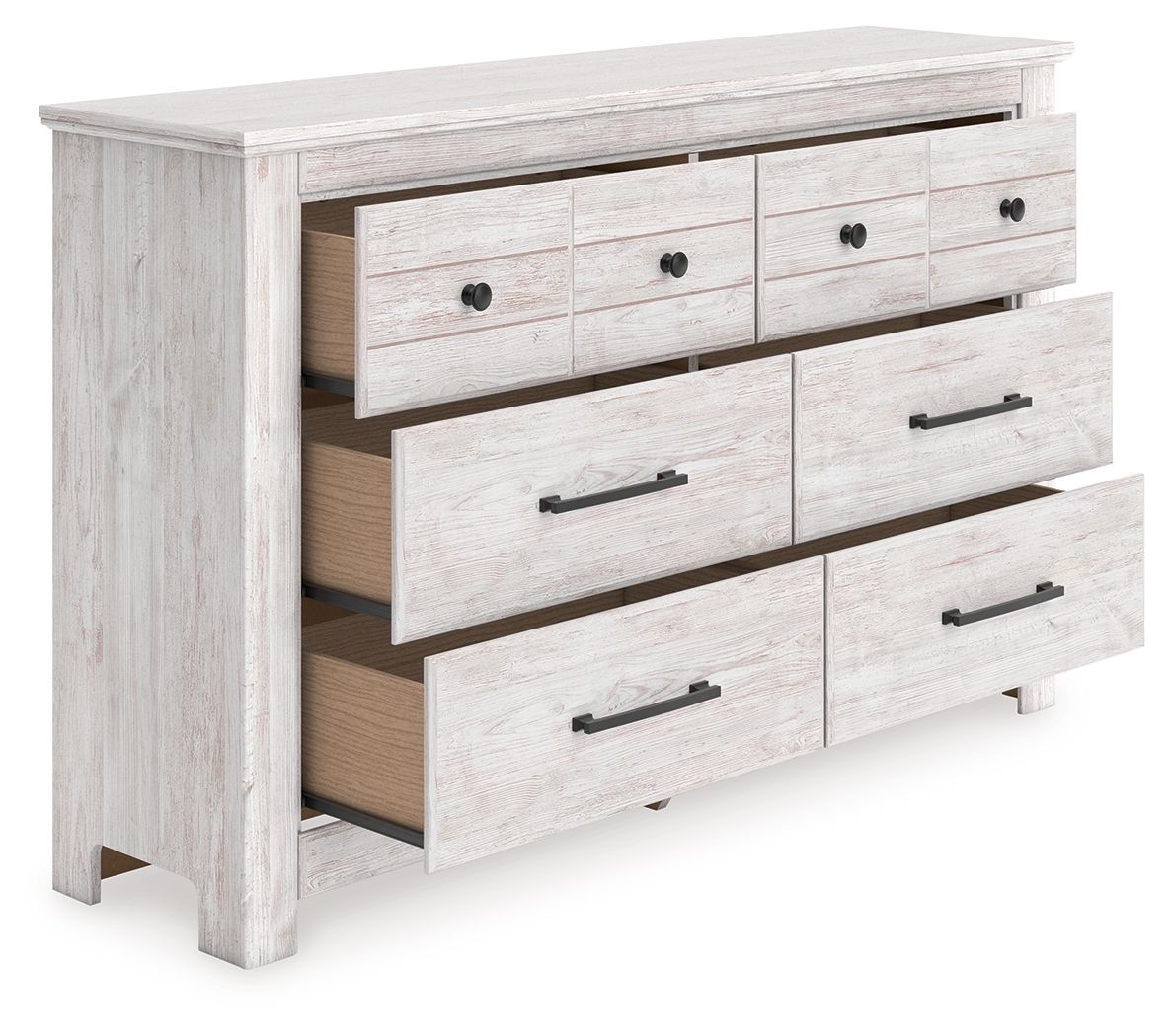 Whitewash six-drawer dresser with drawers partially open and black bar handles