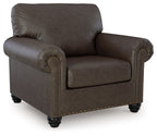 Roxmere chair in umber fabric with rolled arms, nailhead trim, dark brown