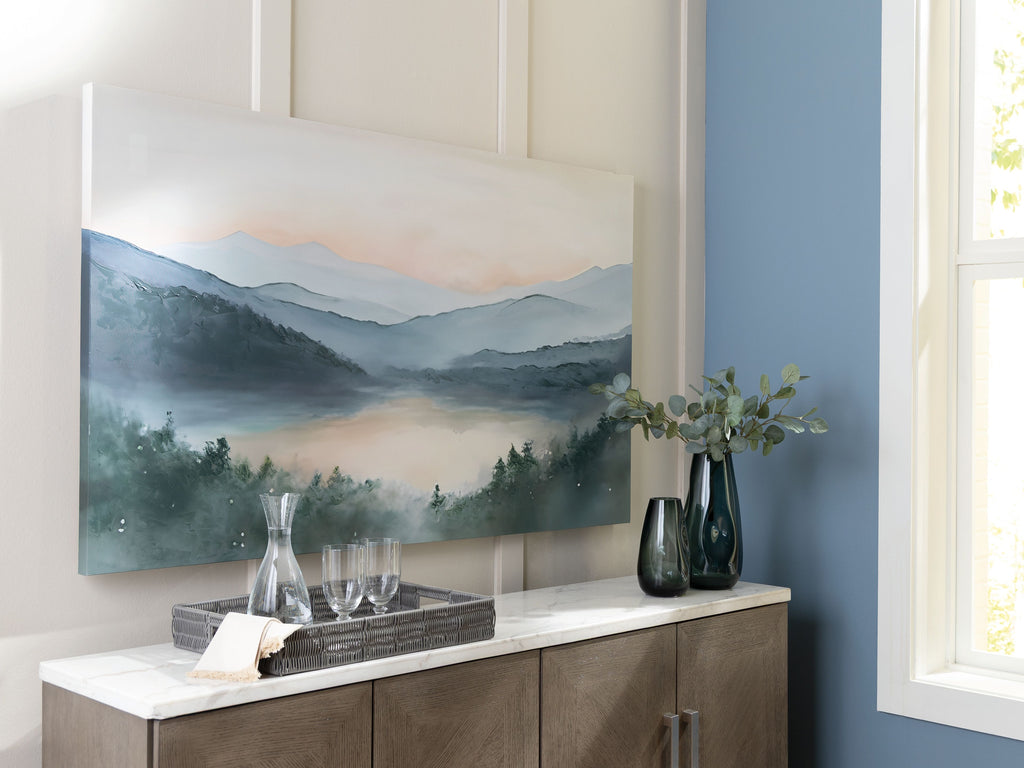 Framed misty mountain landscape wall art