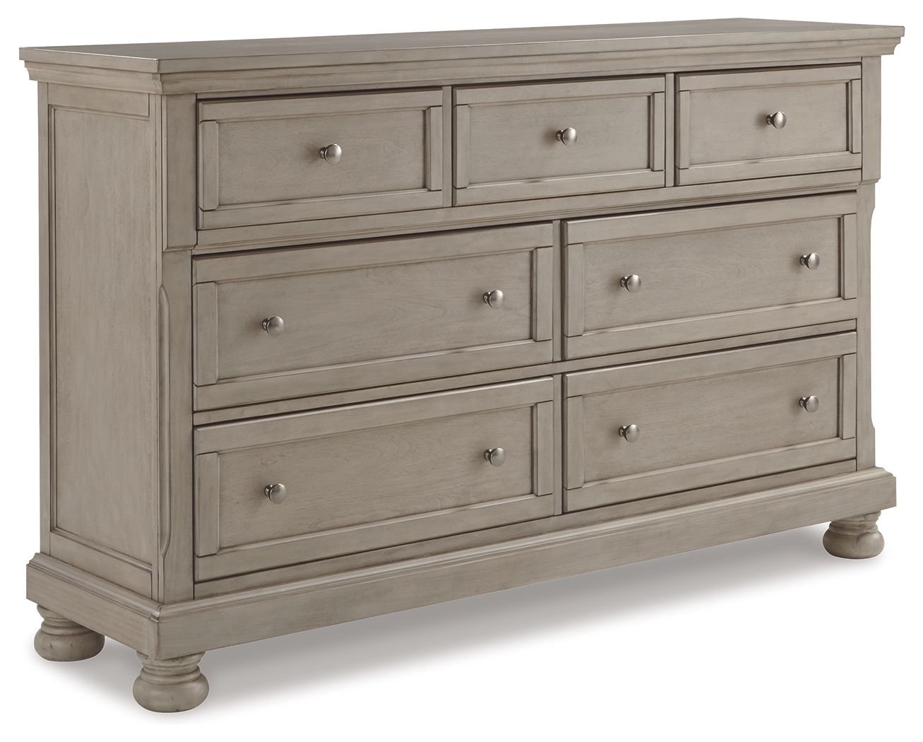 Gray dresser with six drawers, metal knobs, and short turned legs