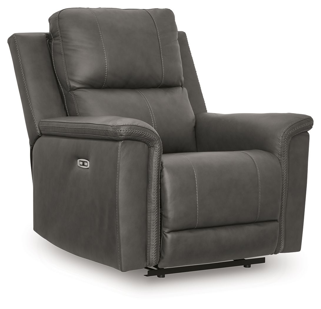 Power recliner with adjustable headrest in dark gray, padded armrests, side view