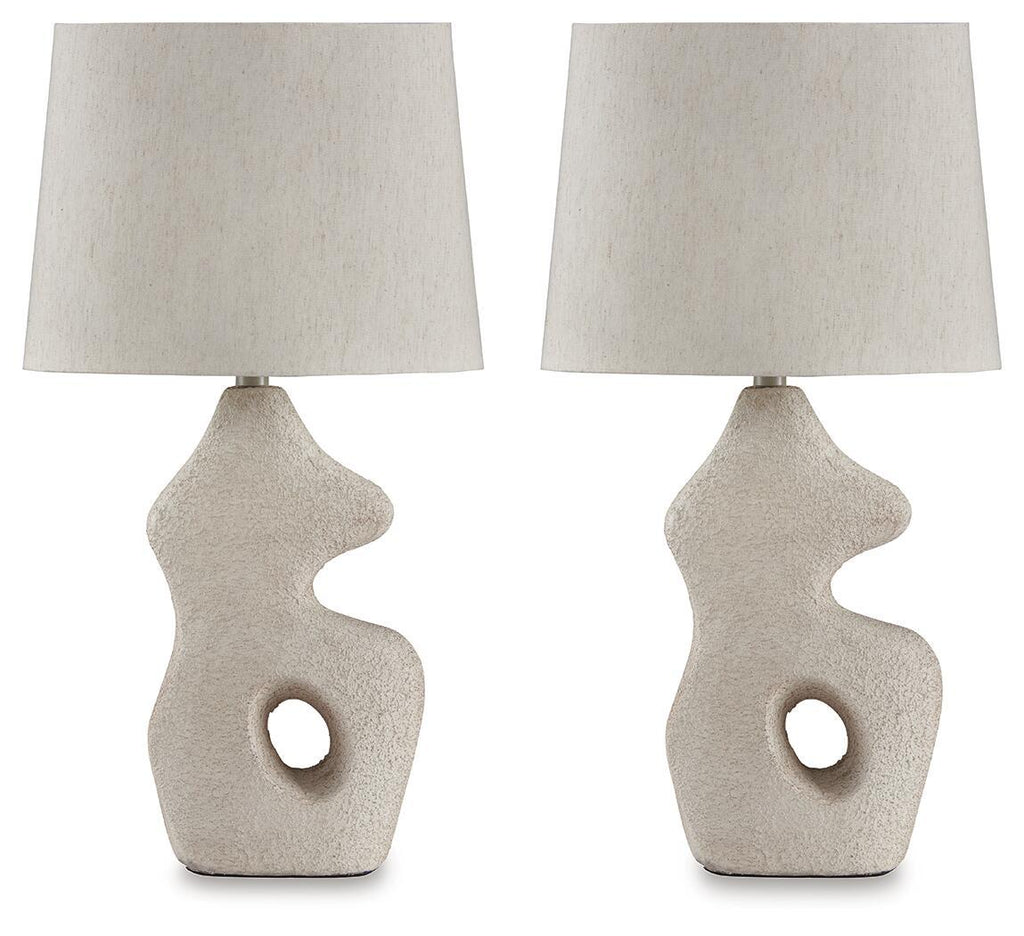 Set of 2 paper table lamps with beige fabric shades and ceramic base, cutout detail