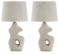 Set of 2 paper table lamps with beige fabric shades and ceramic base, cutout detail