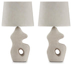 Set of 2 paper table lamps with beige fabric shades and ceramic base, cutout detail