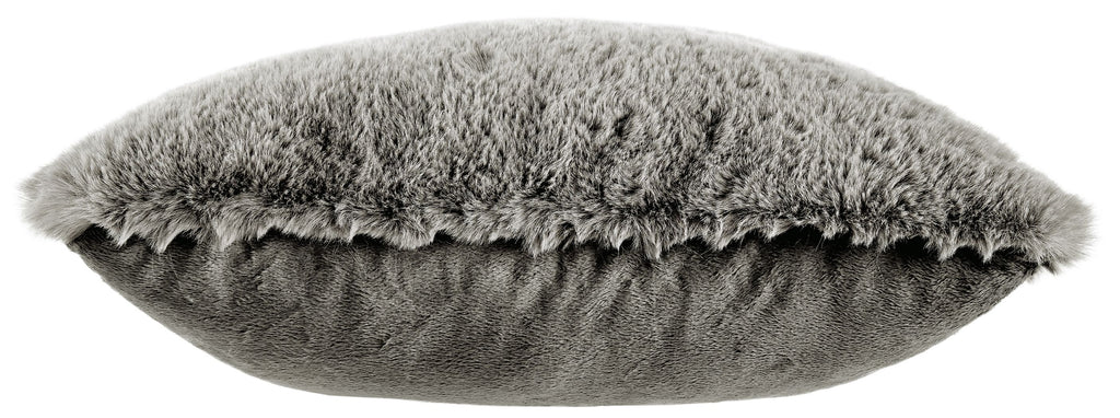 Dark gray faux fur pillow with textured front and visible smooth backing.