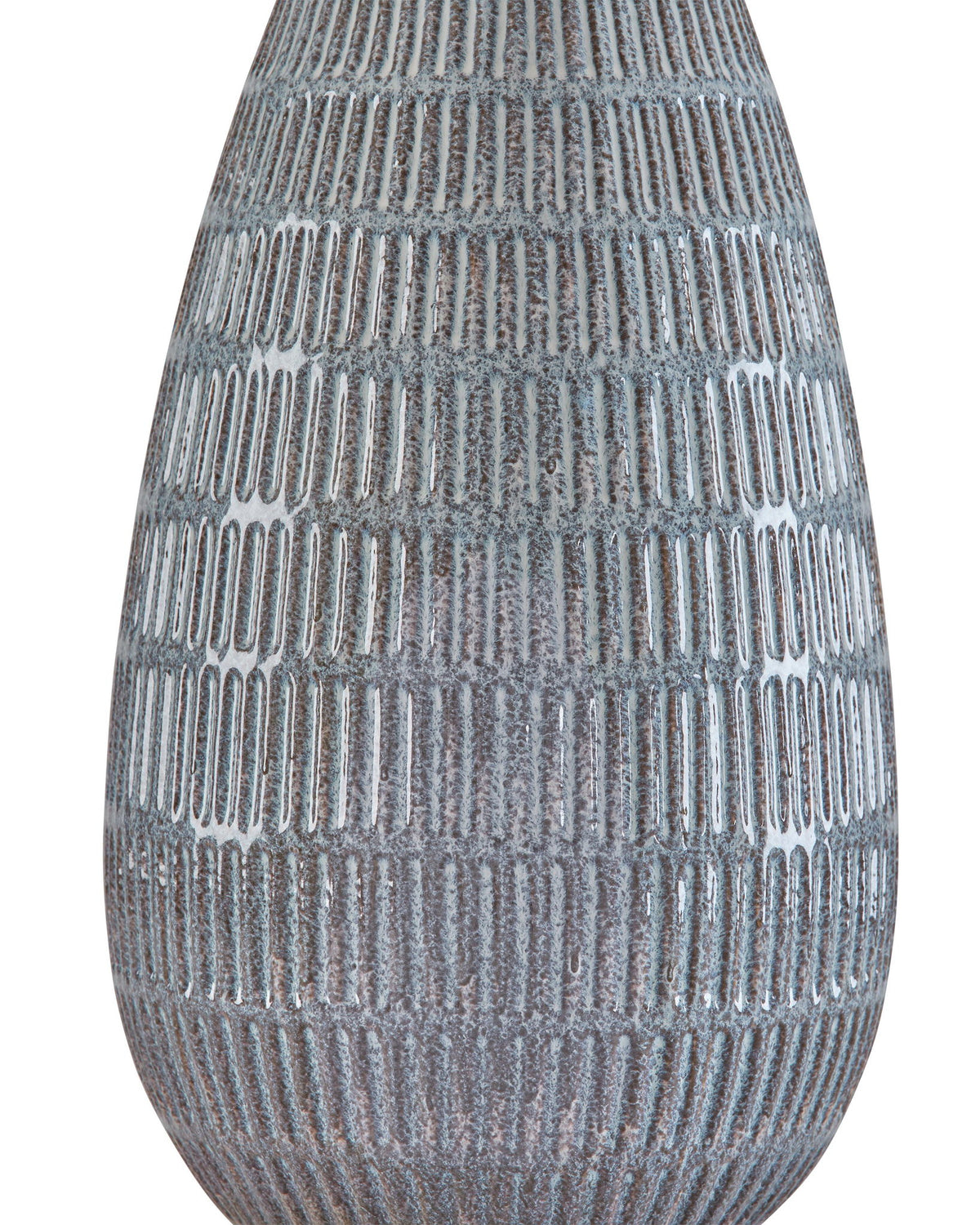 Ceramic table lamp base close-up with blue-gray textured ridges