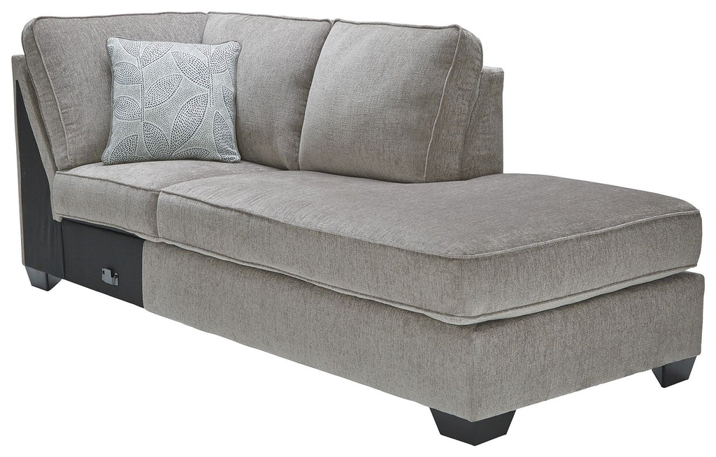 Raf corner chaise upholstered in light gray fabric with square arms and padded seat