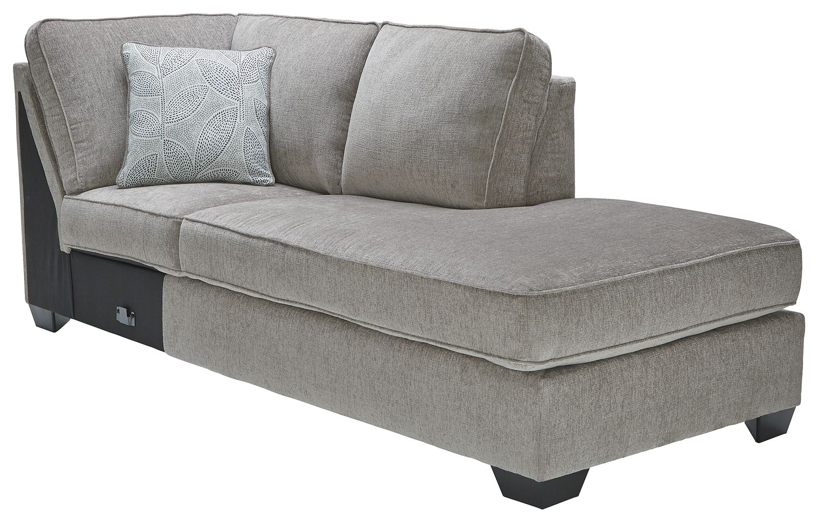 Raf corner chaise upholstered in light gray fabric with square arms and padded seat
