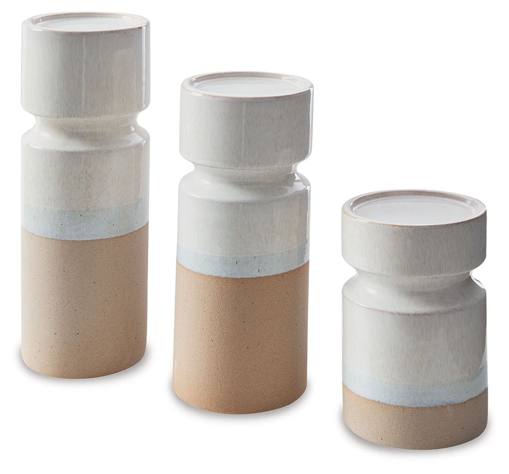 Set of 3 candle holders, stacked ivory and brown cylinders with wide bands