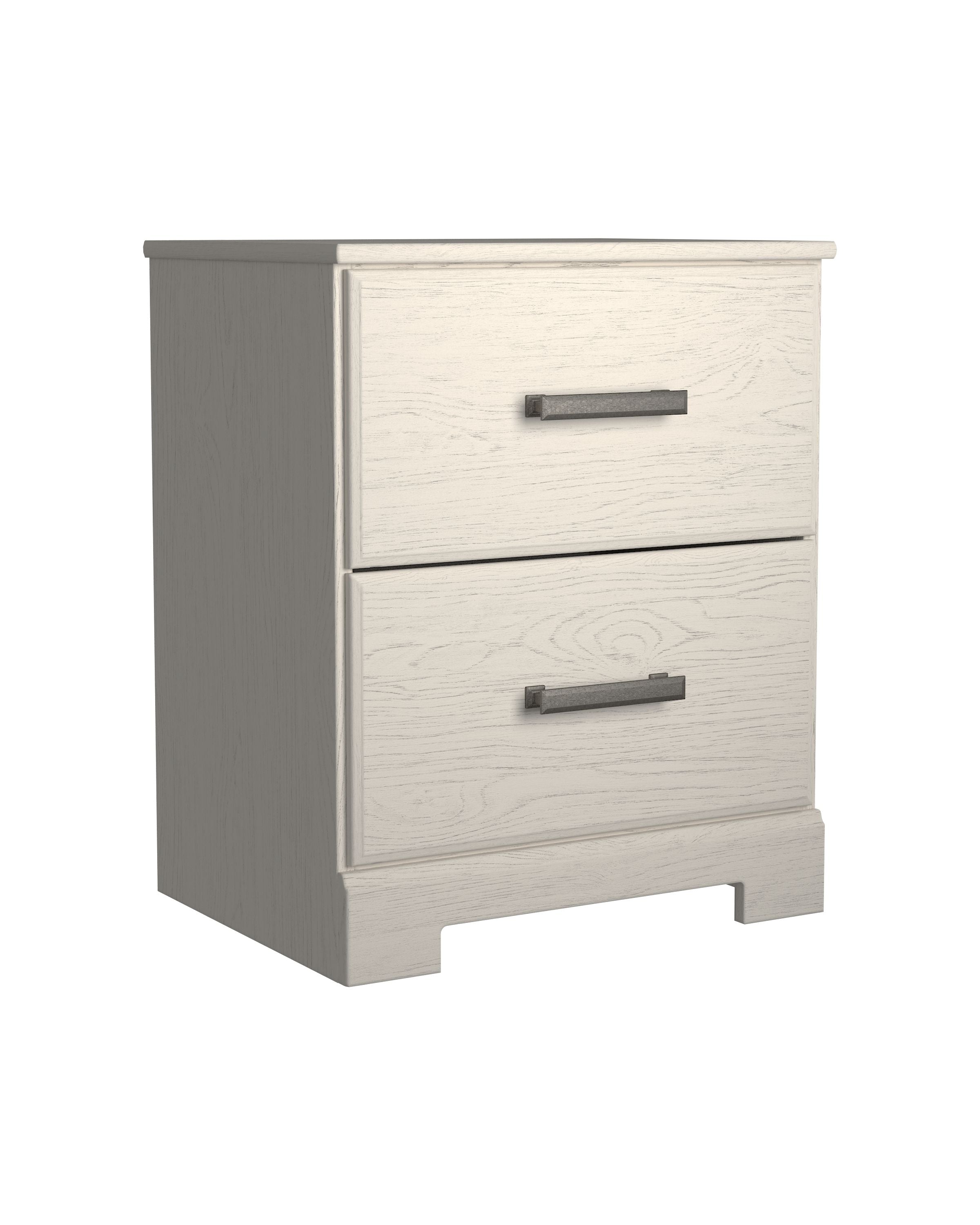 White two-drawer night stand with dark metal bar handles, vertical side panel