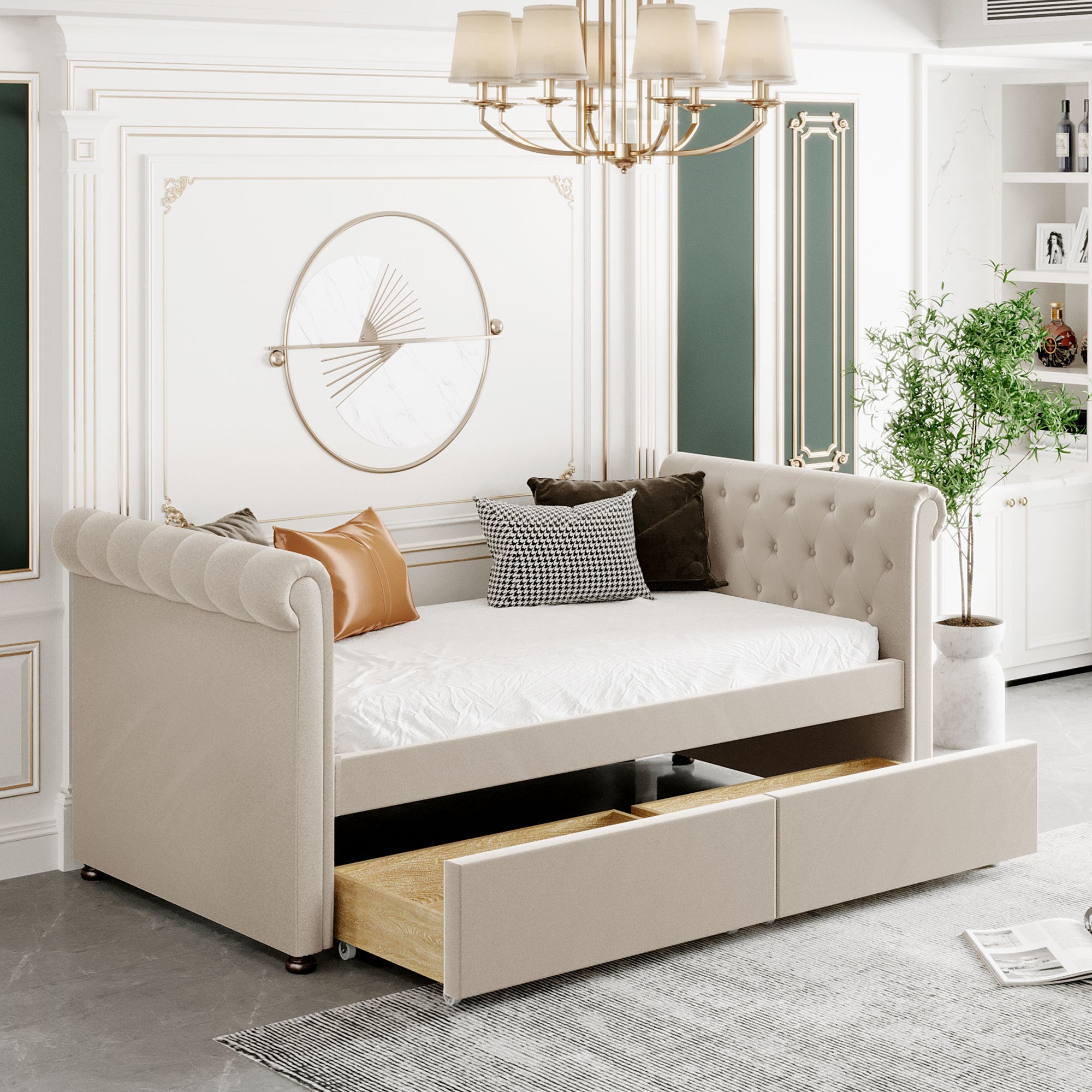 Twin Upholstered Daybed with Drawers & Wood Slats - Beige