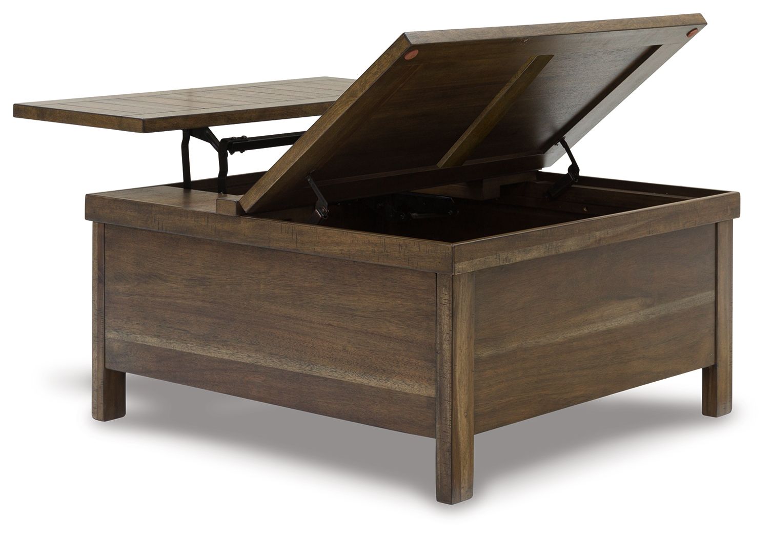 Lift-top cocktail table in grayish-brown wood with raised tabletop showing interior