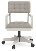 Tufted fabric office chair with light wood frame, padded seat, swivel base, rolling casters