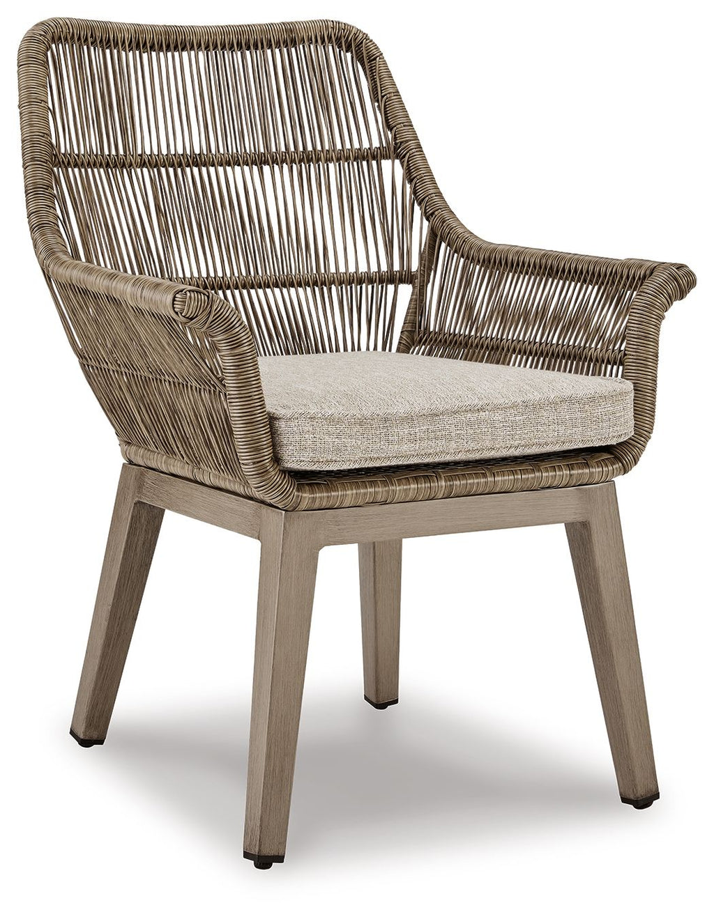 Beige wicker armchair with gray cushion, wide armrests and woven slatted back