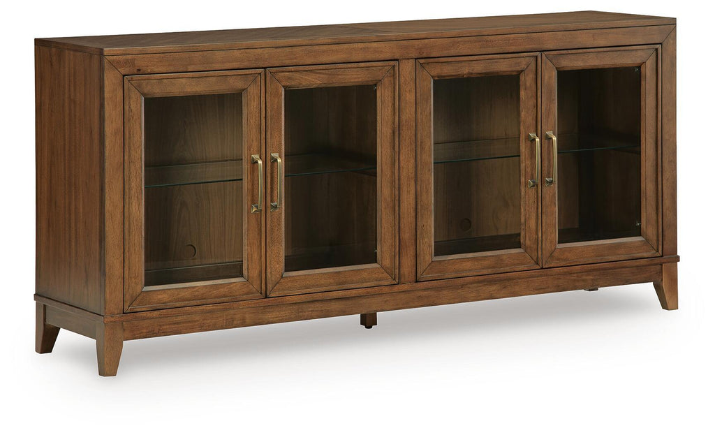 Medium brown wood accent cabinet with four glass doors and brass handles