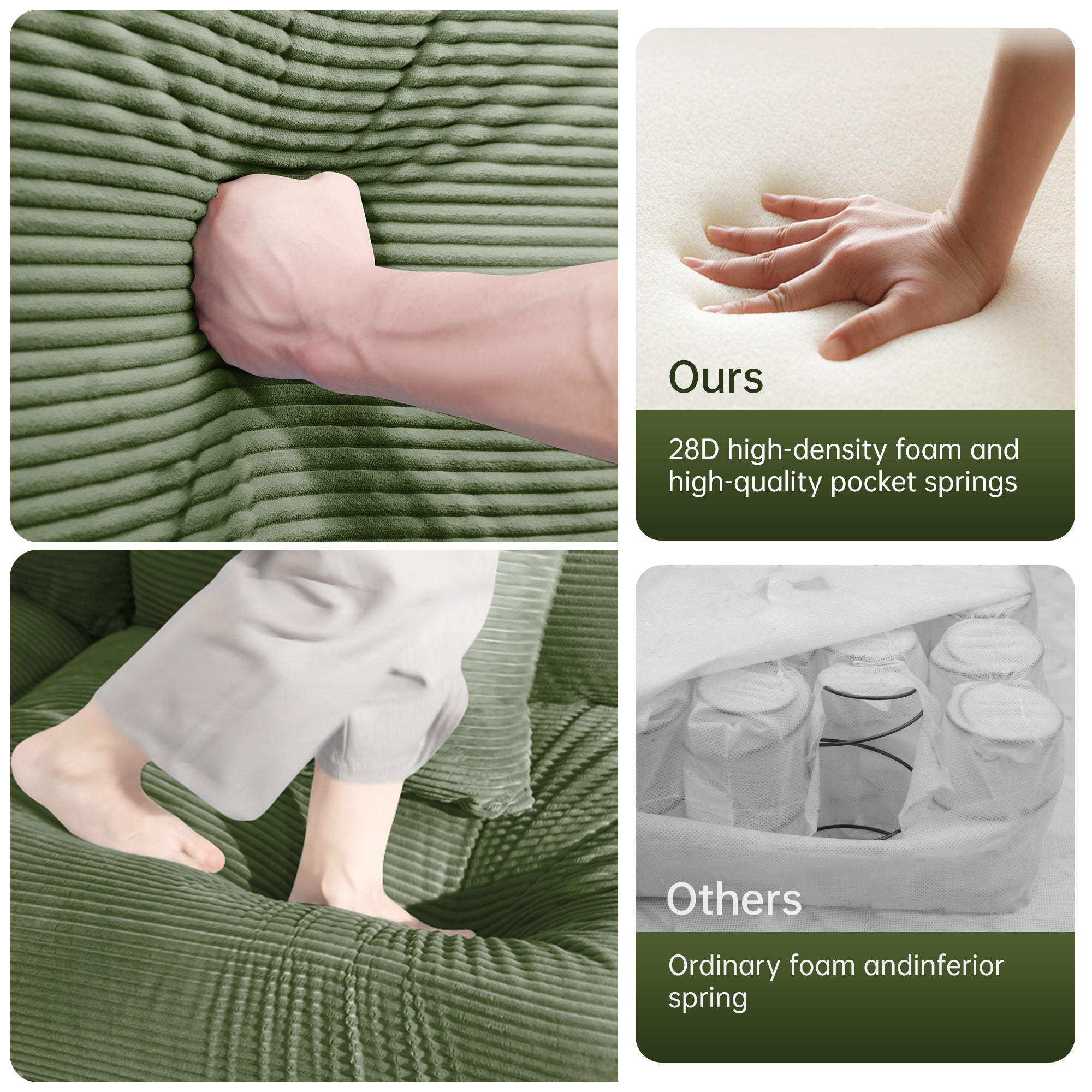 Green corduroy sectional sofa cushion detail with ribbed fabric and hand pressing