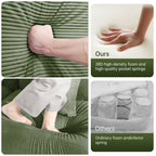 Green corduroy sofa upholstery with ridged texture on cushioned seat surface