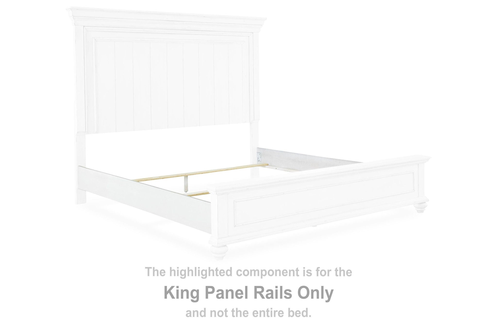 King panel bed rails in whitewash finish with raised panel ends