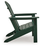 Green Adirondack chair side view, tall back slats and slatted seat with curved base.