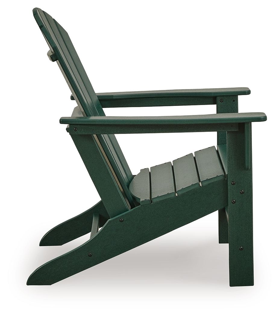 Green Adirondack chair side view, tall back slats and slatted seat with curved base.