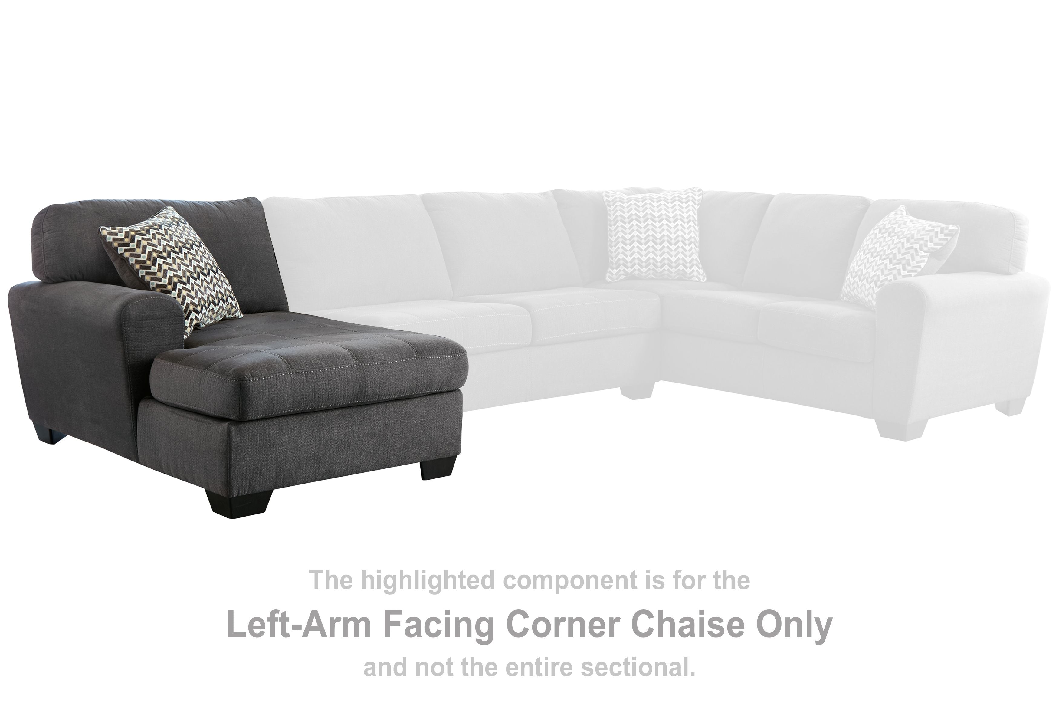 Left-arm facing corner chaise section with dark gray fabric, chaise arm, and short legs