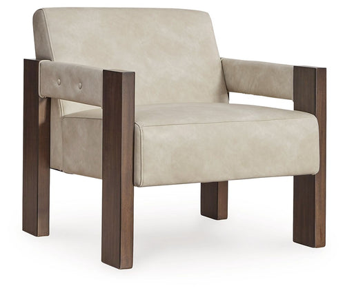 Beige accent chair with dark wood arms and padded seat
