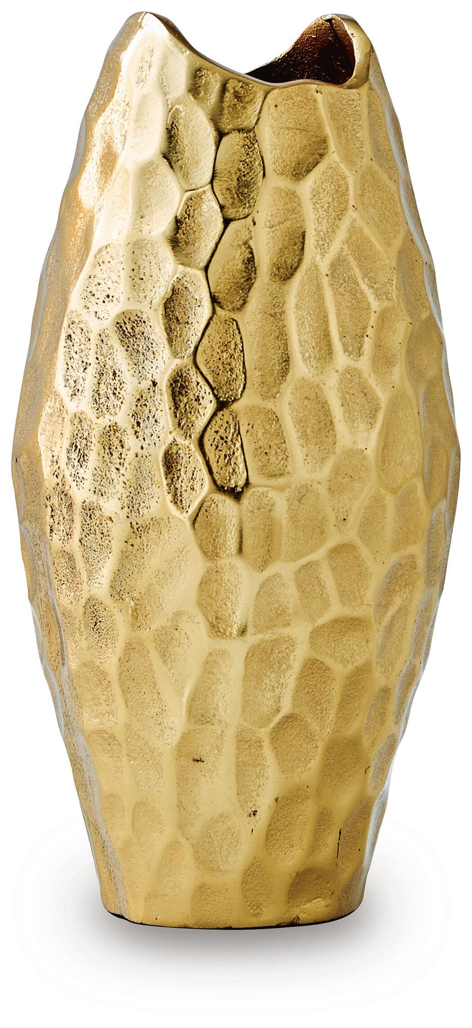 Gold hammered metal vase tall with sculpted organic shape and open mouth