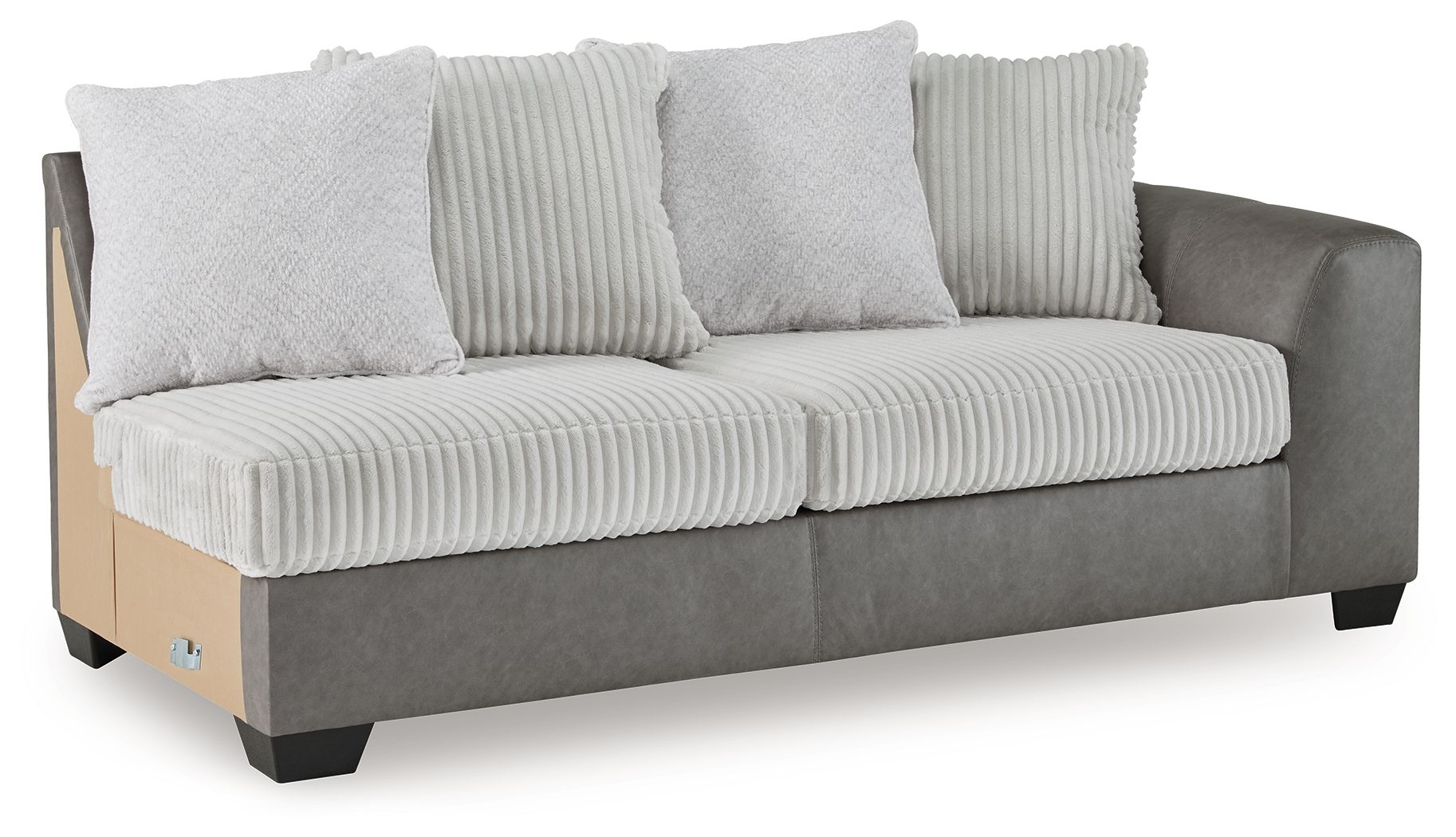 Gray sofa with ribbed seat cushions, three square pillows, and dark tapered legs