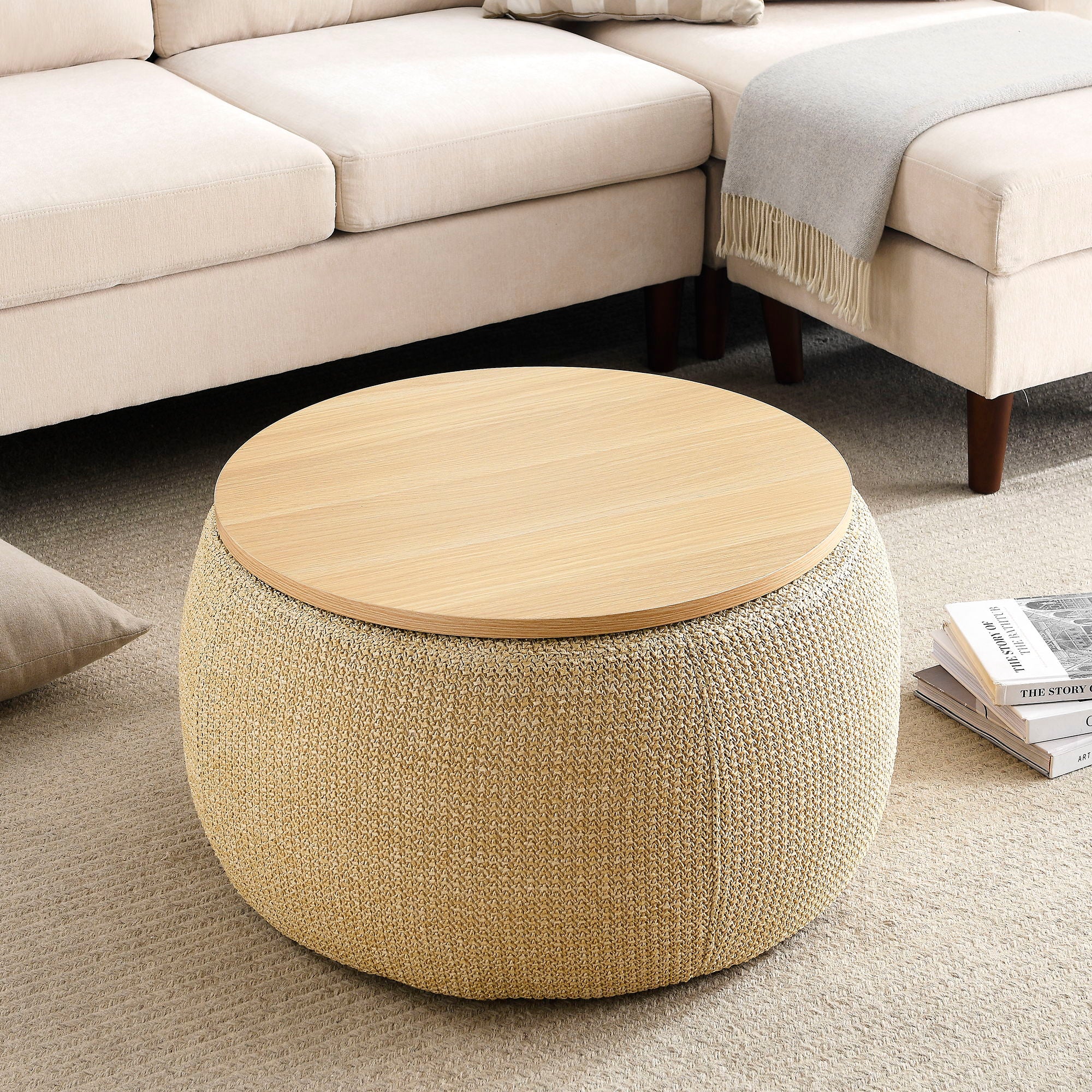 Round Storage Ottoman, 2 In 1 Function, Work As End Table And Ottoman, Natural (25.5" X25.5" X14.5" )