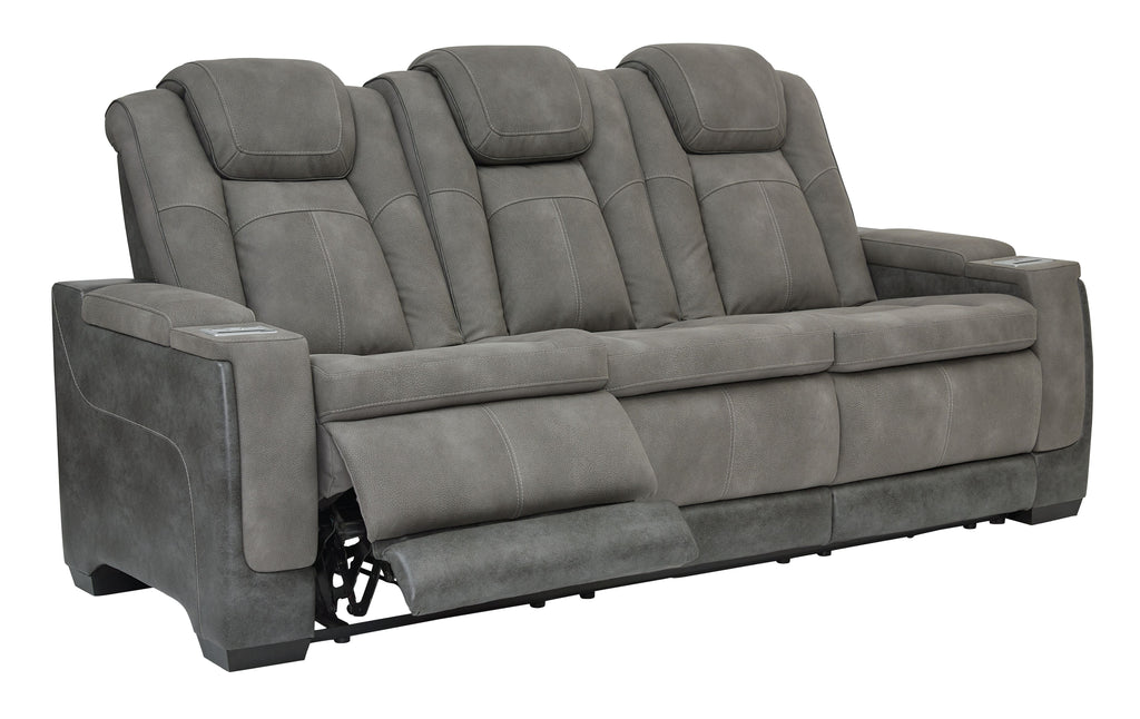 Slate power reclining sofa with three padded seat sections and contoured back cushions.
