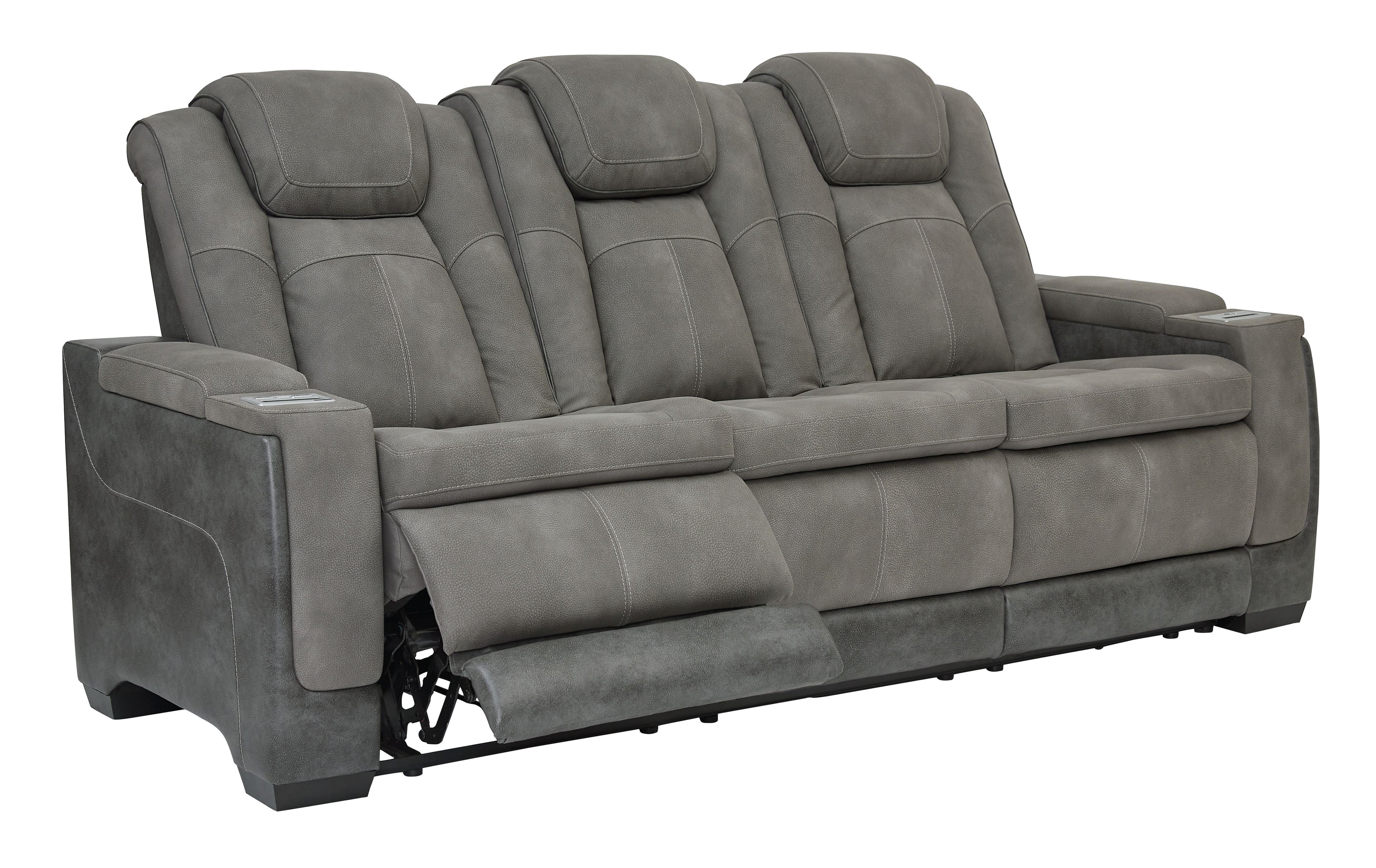 Slate power reclining sofa with three padded seat sections and contoured back cushions.