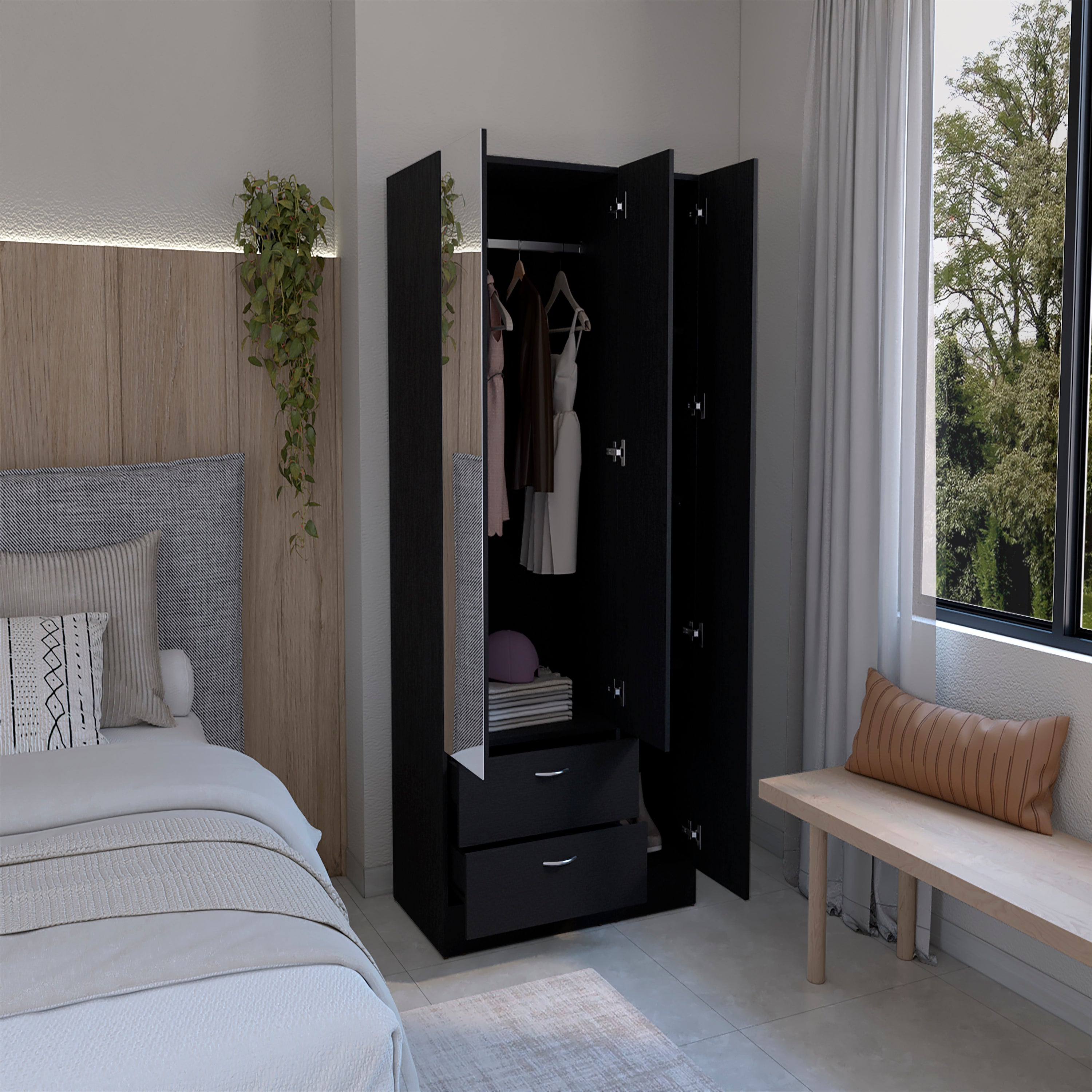 Black Wardrobe 3 Doors Mirror 2 Drawers Shelves