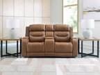 Power reclining loveseat with audio seating in brown, shown front view with footrests