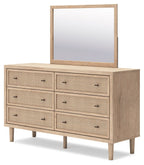 Cielden two-tone dresser with mirror; six drawers with woven panels and black pulls
