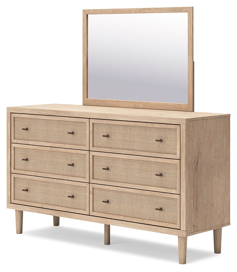Cielden two-tone dresser with mirror; six drawers with woven panels and black pulls