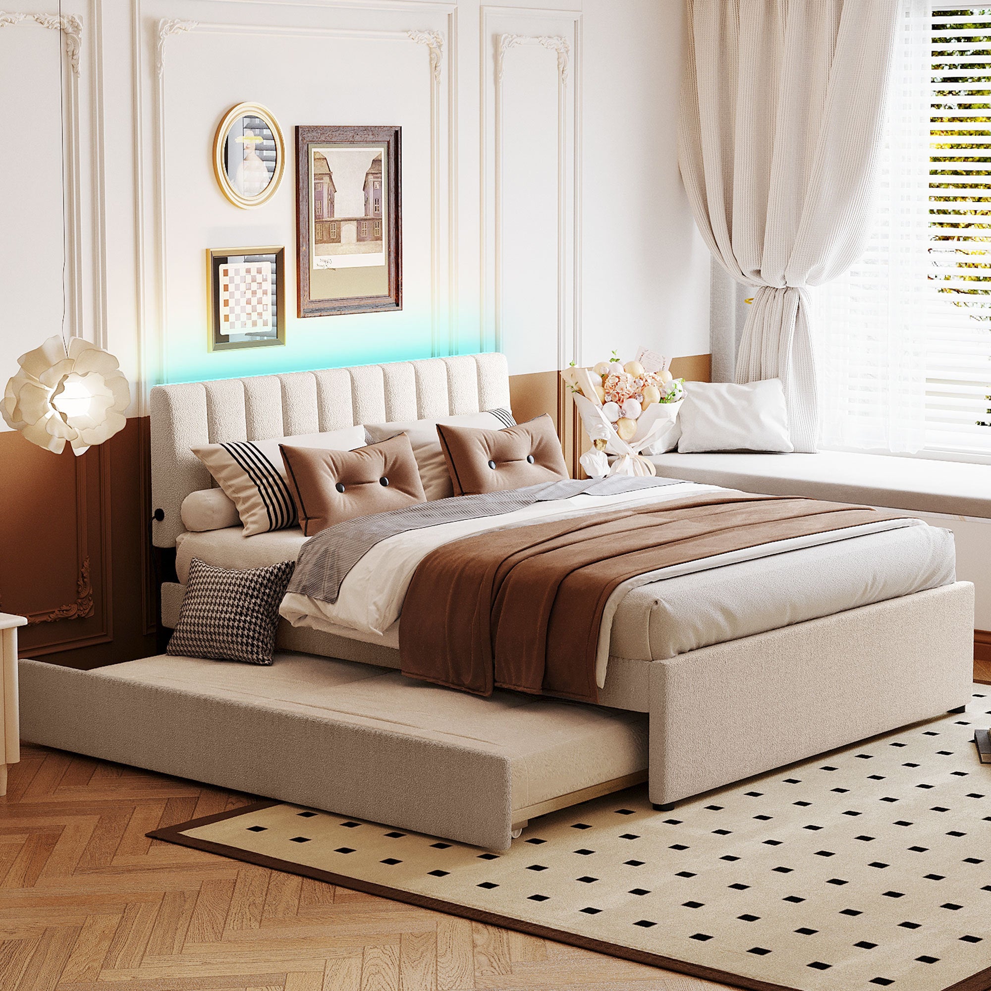 Beige Teddy Fleece Queen Platform Bed w/ Twin XL Trundle