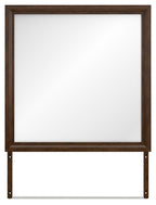 Brown bedroom mirror with wide rectangular frame and clear glass, front view