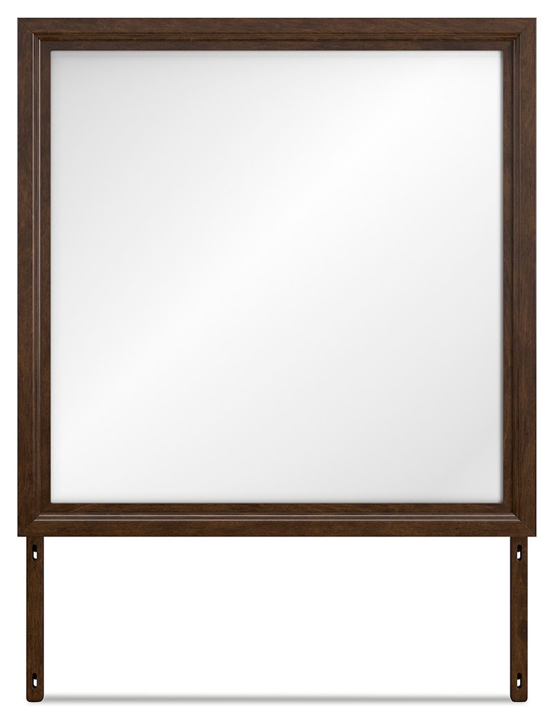 Brown bedroom mirror with wide rectangular frame and clear glass, front view