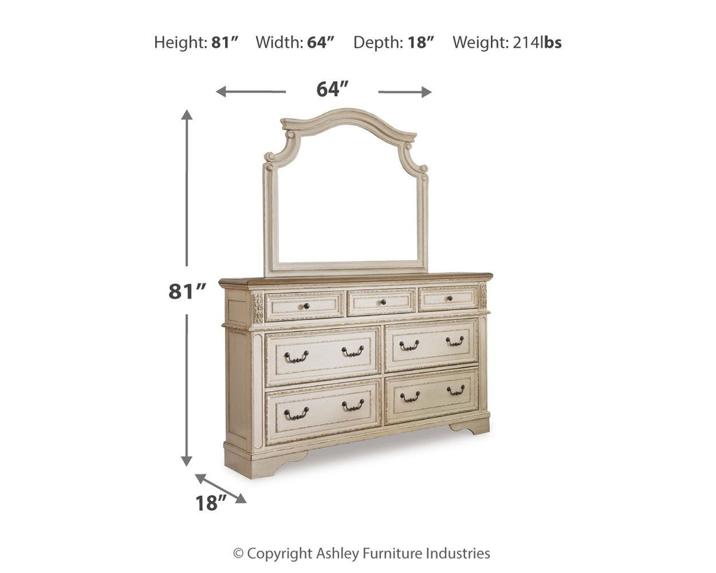 White dresser with mirror and six drawers, dimensions shown: 81 in H x 64 in W.