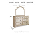 White dresser with mirror and six drawers, dimensions shown: 81 in H x 64 in W.
